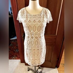 Eliza J Scalloped Lace Sheath Bridal Rehearsal Dress w/ Cap Sleeves, Ivory